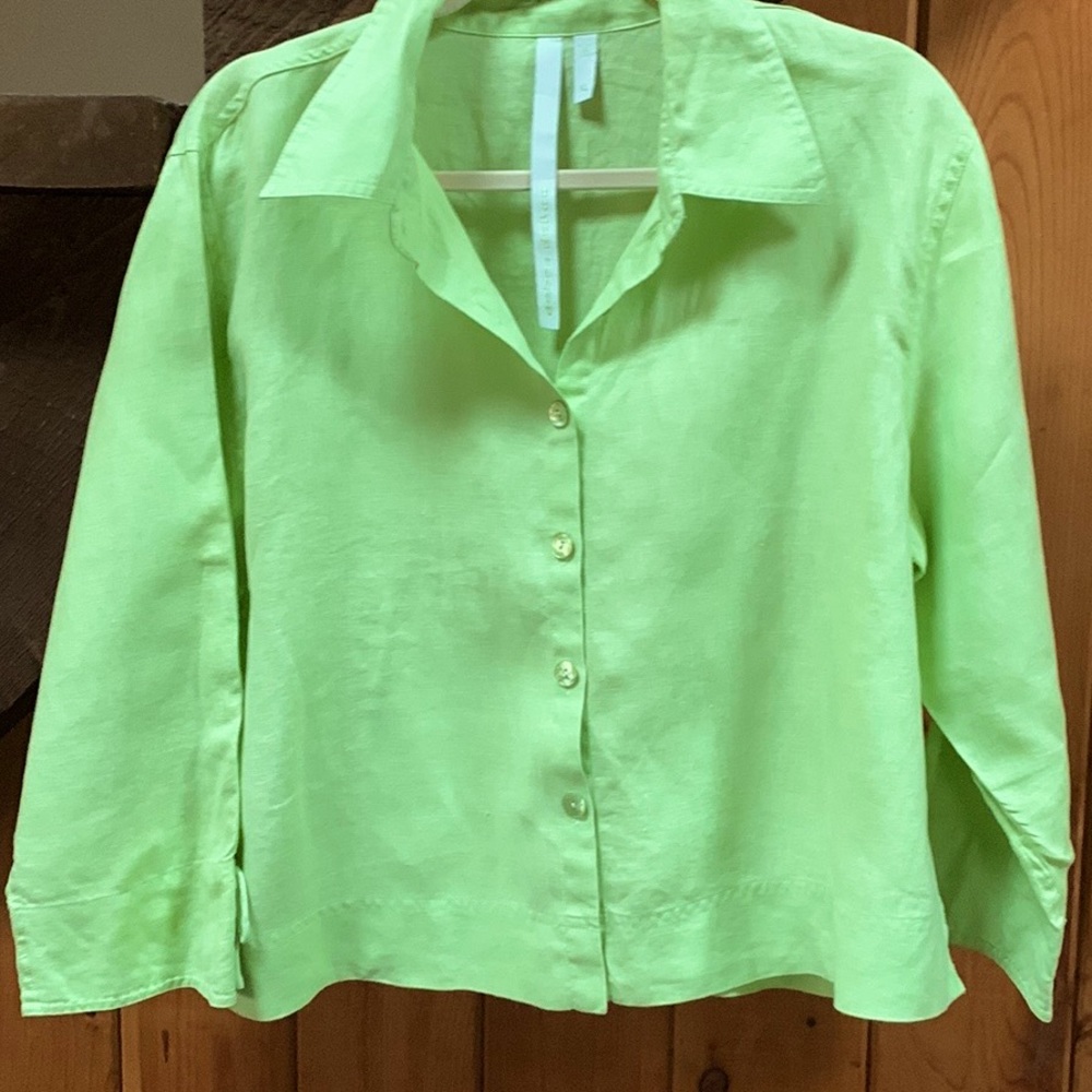 Lime green linen button down top / jacket with arm tie detail size XL